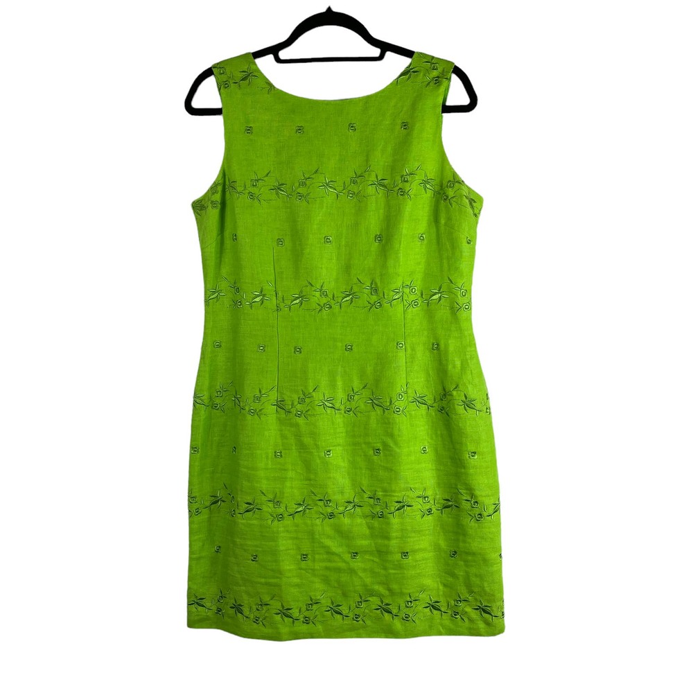 80s 90s y2k Lime Green Lightweight 100% Linen Shell Classic Shift Dress womens 8